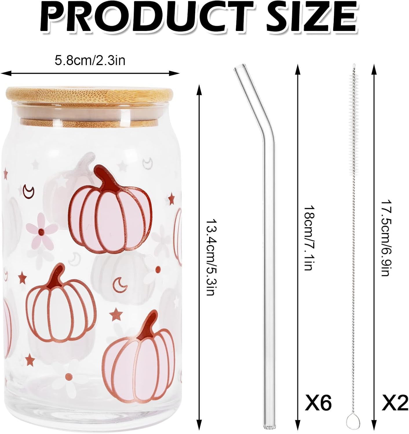 Whaline 6 Pack Fall Drinking Glasses Pink White Pumpkin Iced Coffee Cup Pumpkin Flower Star Glass Cup for Autumn Thanksgiving Cocktail Whiskey Beer Soda Gifts, 16oz