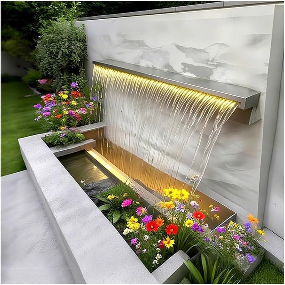 Cascata in Acciaio Inox da 30 cm - Kit Fontana per Piscina Esterna per Giardino, Patio e Giardino roccioso - Elegante Elemento d'Acqua per paesaggistica, Decorazione con Flusso d'Acqua e ATM