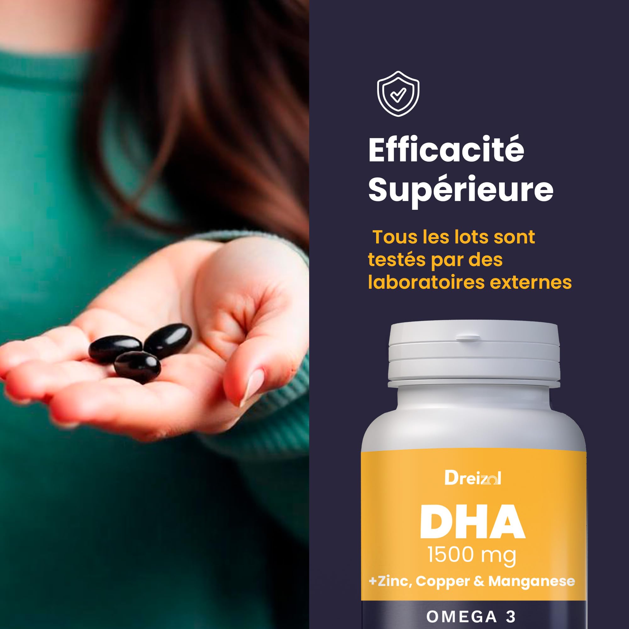 Brudy Lab Dreizol Omega 3 DHA 1500 avec EPA et DPA + Manganèse, Zinc et Cuivre - Haute Concentration - Renforce les Tissus Oculaires, Rétine, Santé Cardiaque et Cérébrale - 60 Capsules