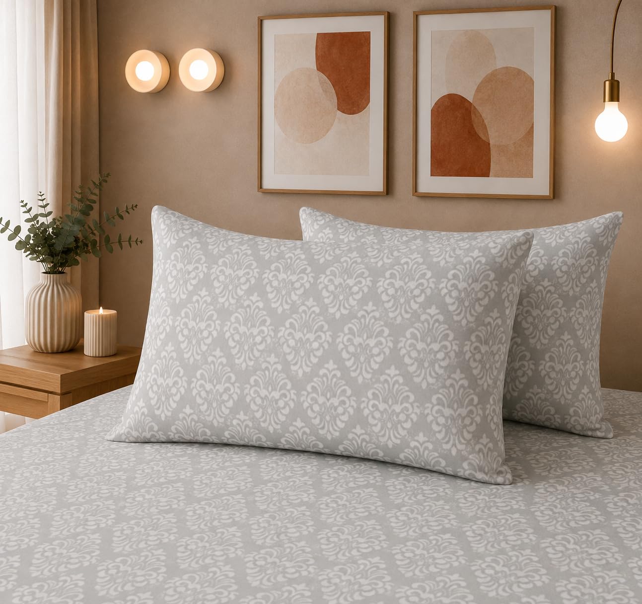 THE HOME STYLE Super Soft Glace Cotton King Size Printed Pillow Covers ll Pillow Cases ll Set of 2 Piece- 18"x 28" Inches (Pearl Grey Barocca)