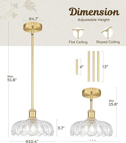 Miniatura 5 de FEMILA Paquete de 2 lámparas vintage, luces colgantes de cristal con flores, isla de cocina, candelabro antiguo dorado cepillado, lámpara colgante