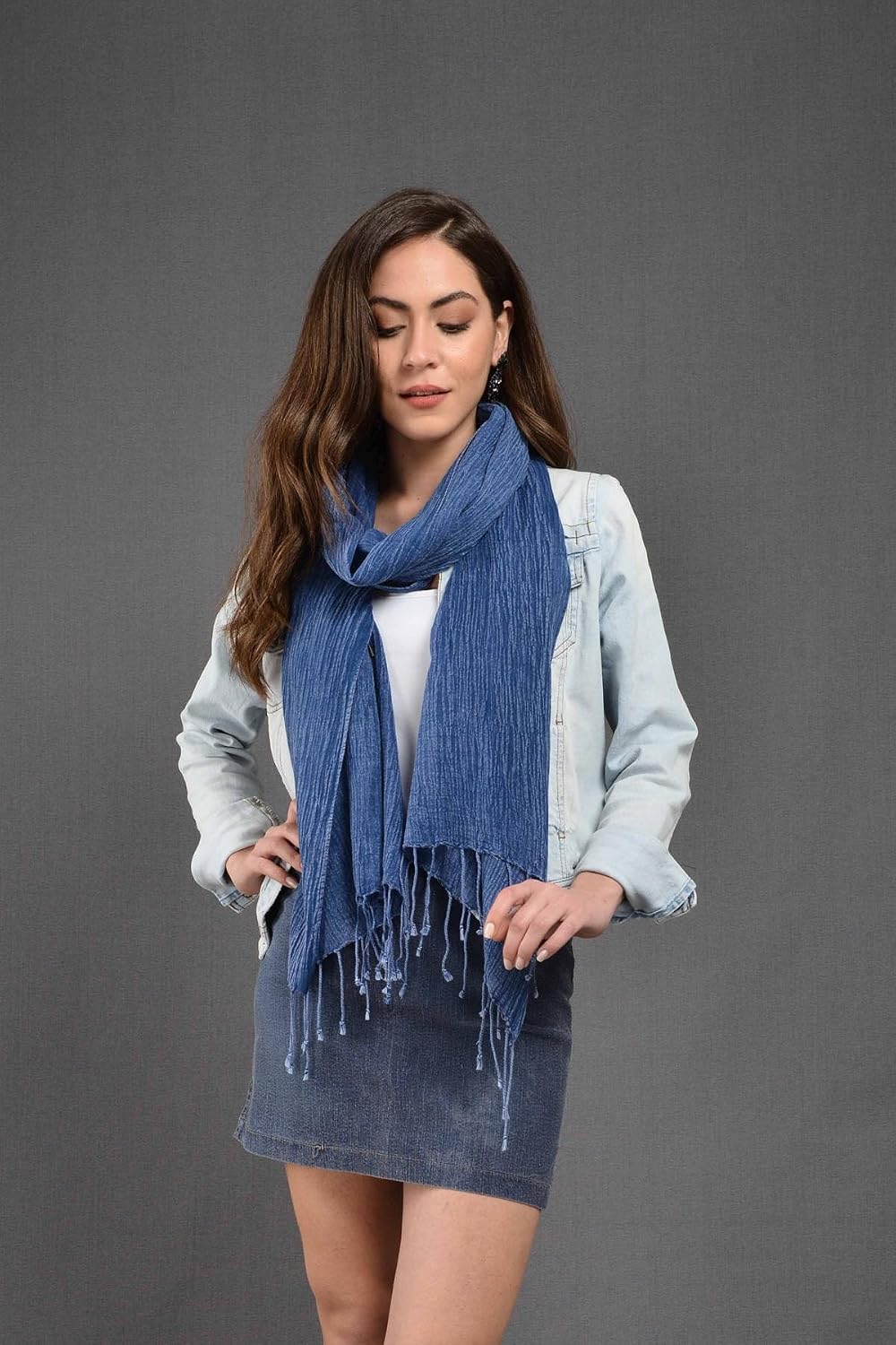 Unisex Indigo Blue Denim Cotton Scarf Lightweight Soft Shawl Wrap Fashionable Accessory for Men and Women Versatile Seasons - Indigo Blue, One Size