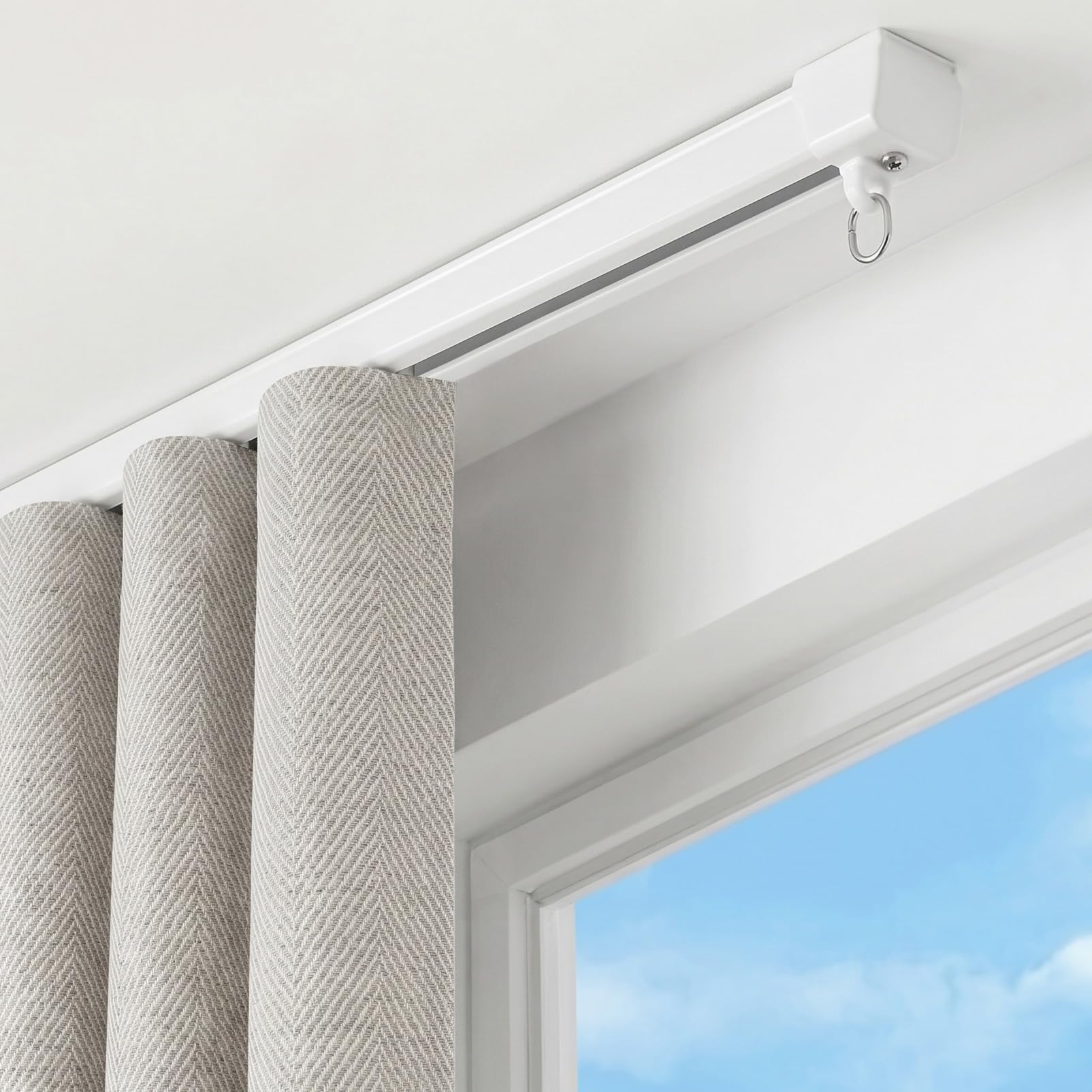 Single Curtain Track Rail White Silent Glide Hooks Ceiling Mounted Heavy Duty (190cm)