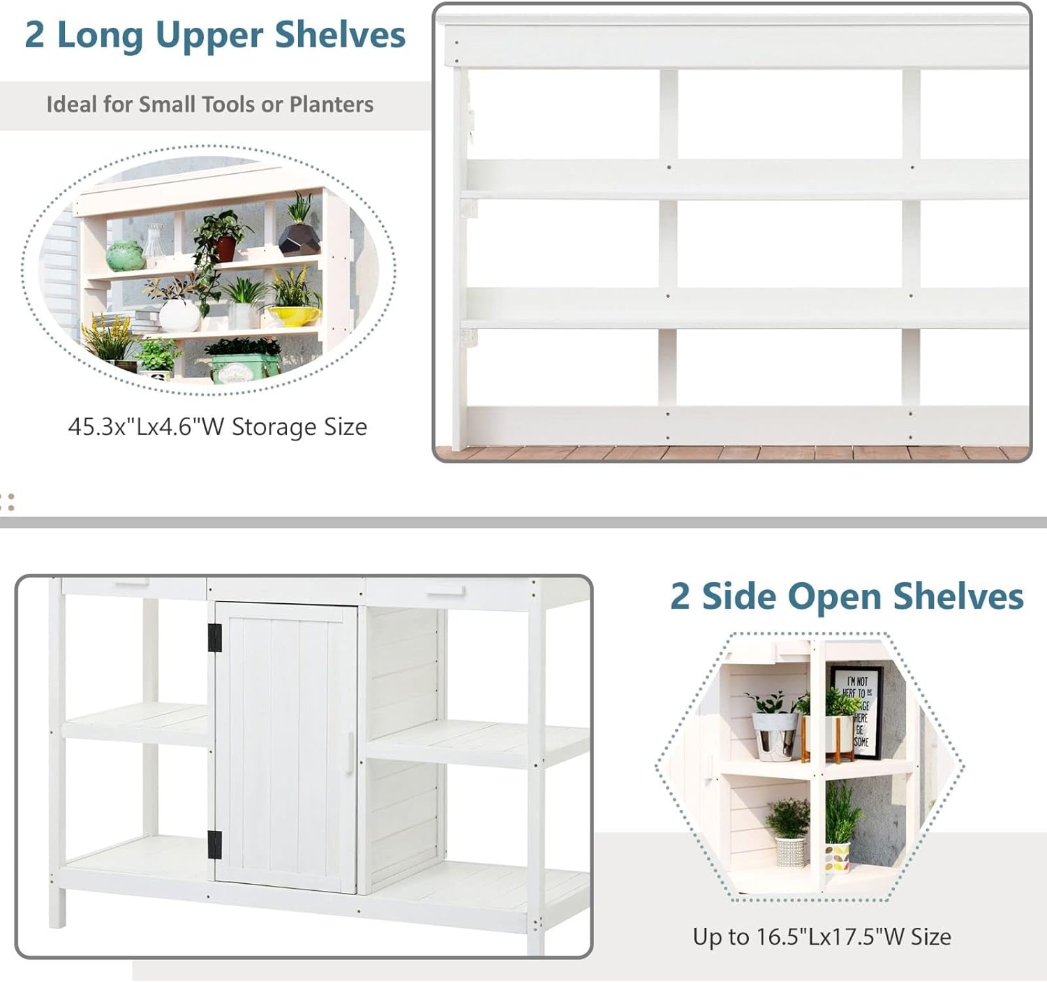 Garden Wooden Potting Bench Table with Storage Cabinet and Open Shelves, 66 inches Tall Outdoor Workstation Table, Anti-Tipping Device