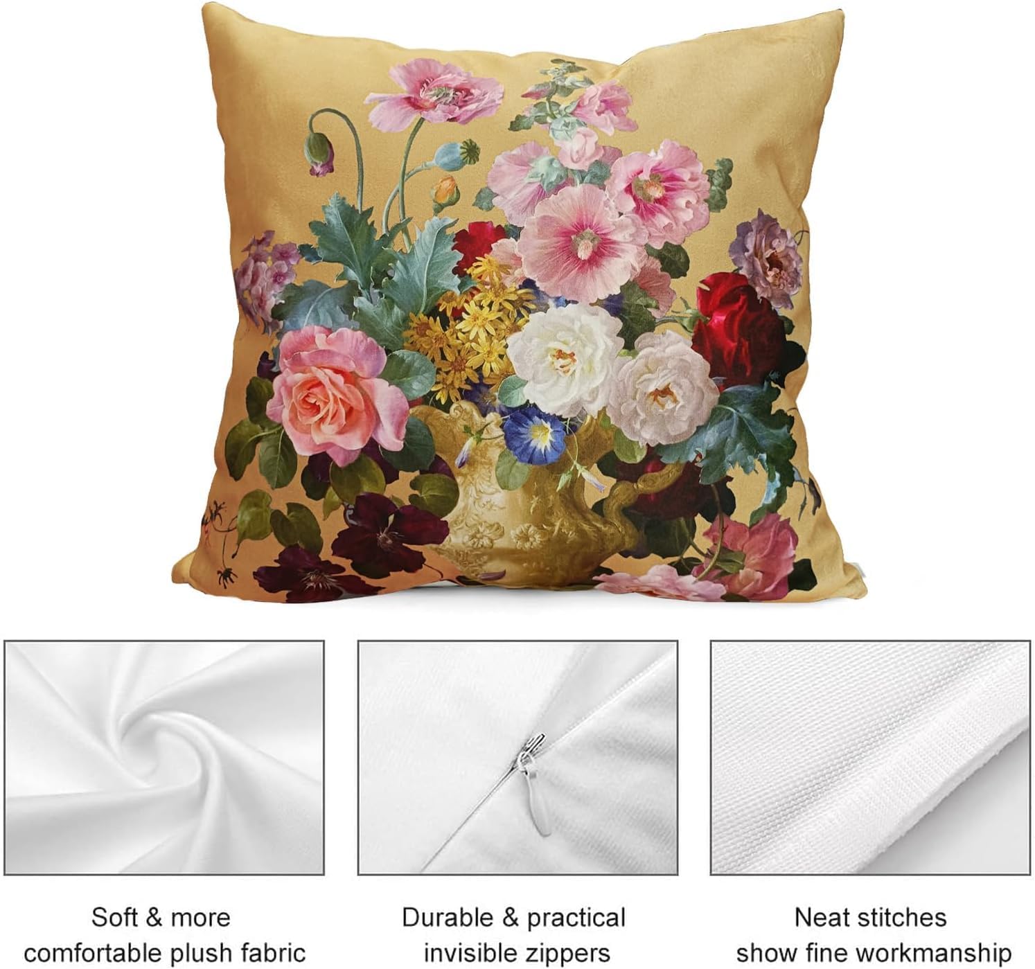 Vintage Floral Pillow Cover 26x26 Inch, Victorian Style Mixed Flower Bouquet Oil Painting Print on Mustard Yellow Background, Classic Throw Pillow Case for Living Room Sofa Bedroom Decor