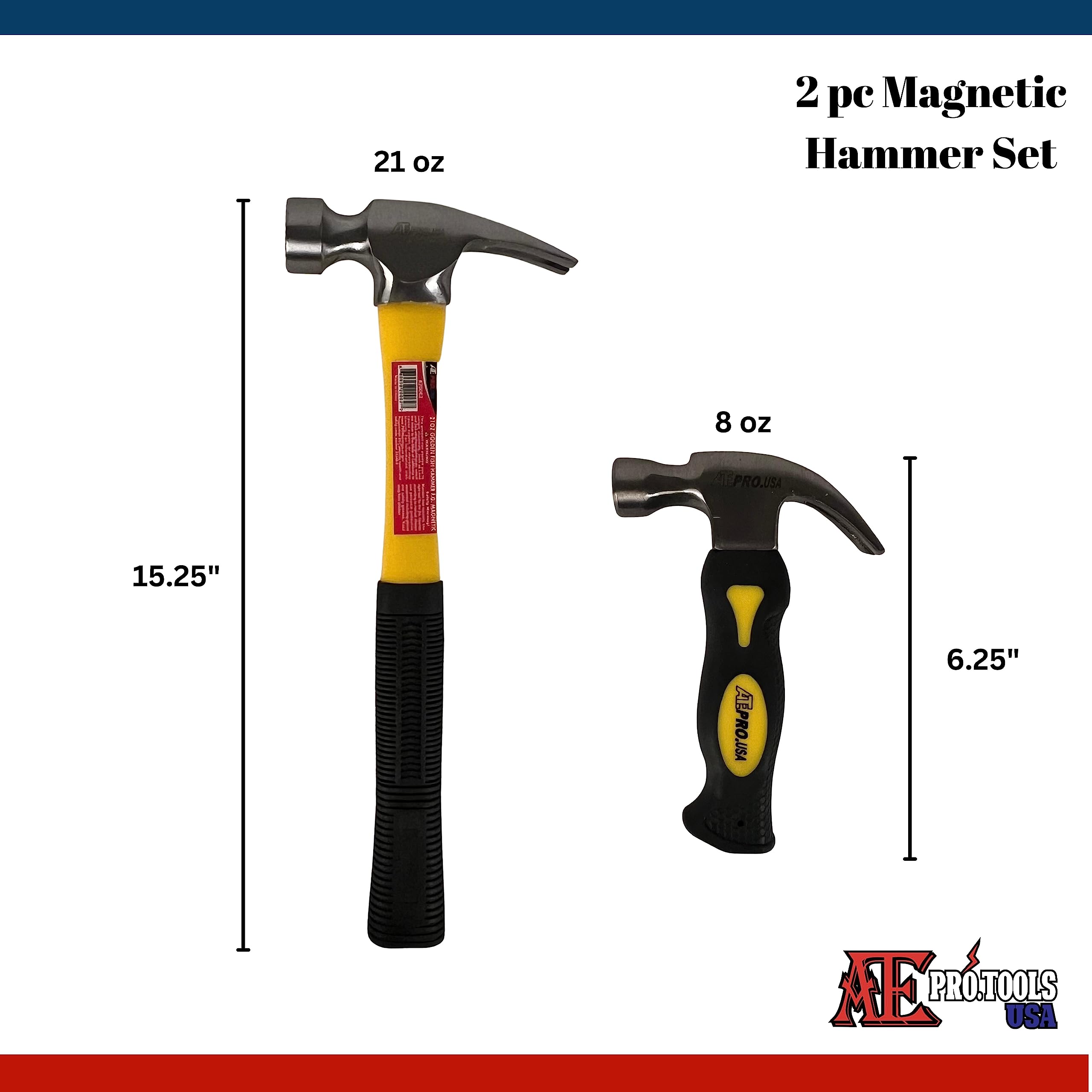 ATE Pro. USA - 2pc Magnetic Fiberglass Hammer Set, 21Oz Hart Hammer Fiberglass Handle w/Magnet, Stubby Claw Hammer W/Magnet, Non-slip Handle, Drop Forged Steel Head