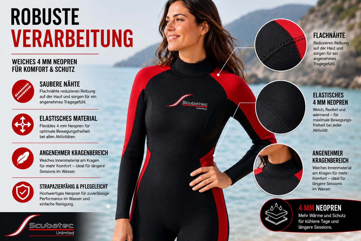 Scubatec 4mm Damen Neoprenanzug Lang – Nassanzug mit Damen-Schnitt, Rückenreißverschluss & verklebten Nähten für Tauchen, Schnorcheln, Schwimmen und SUP