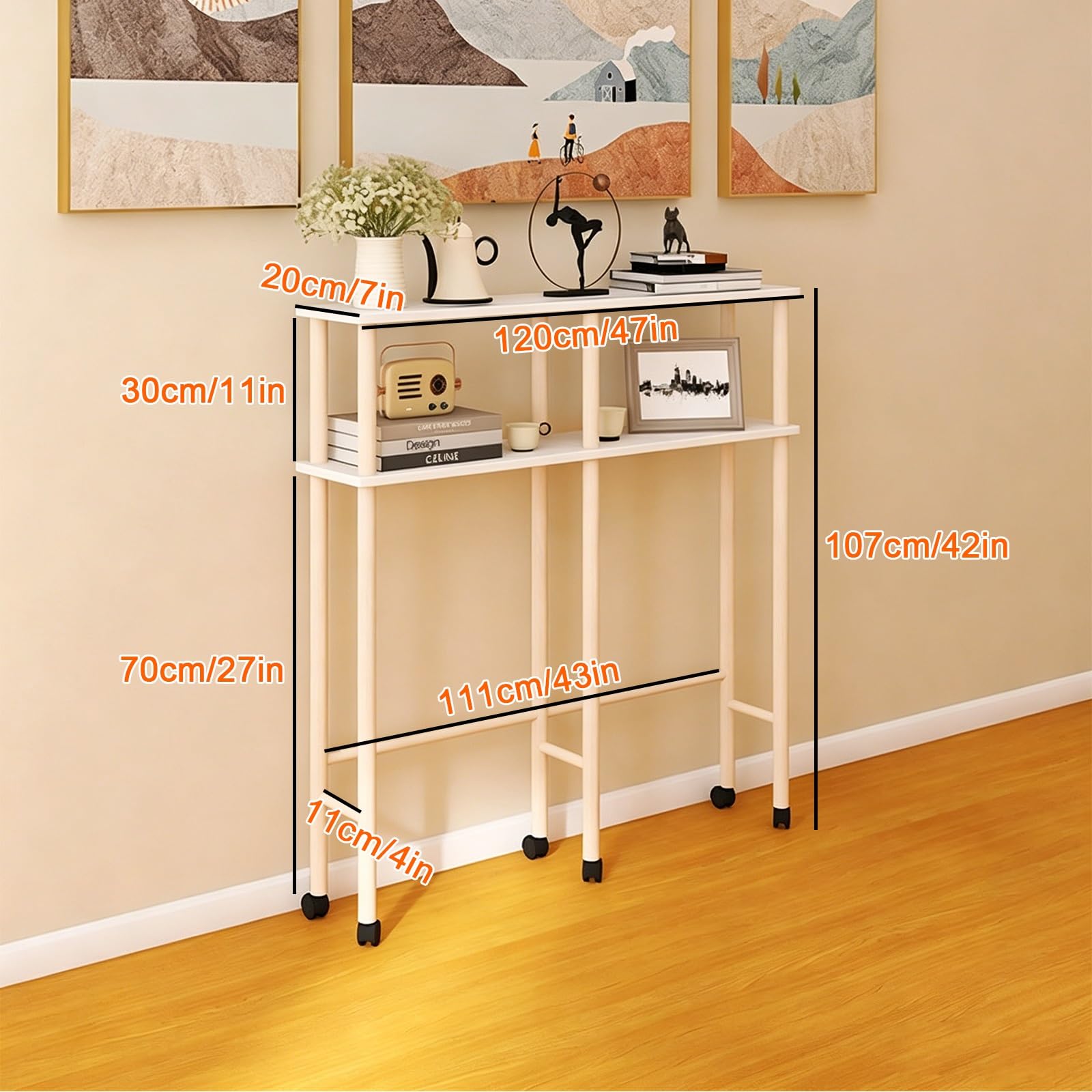 Dwuwarstwowa Półka Nad Łóżkiem z Kółkami, Mobilny Wielofunkcyjny Organizer do Sypialni, Boczny Narożnik Sofy i Stół Jadalny(120x20x107cm/47x7x42in)