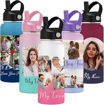 Personalized Water Bottle for Kids Adults with Name Photo Custom Water Bottles Personalized with Straw Lid 40/32/24/18/12oz Customized Print Stainless Steel Insulated Bottles Gift for School