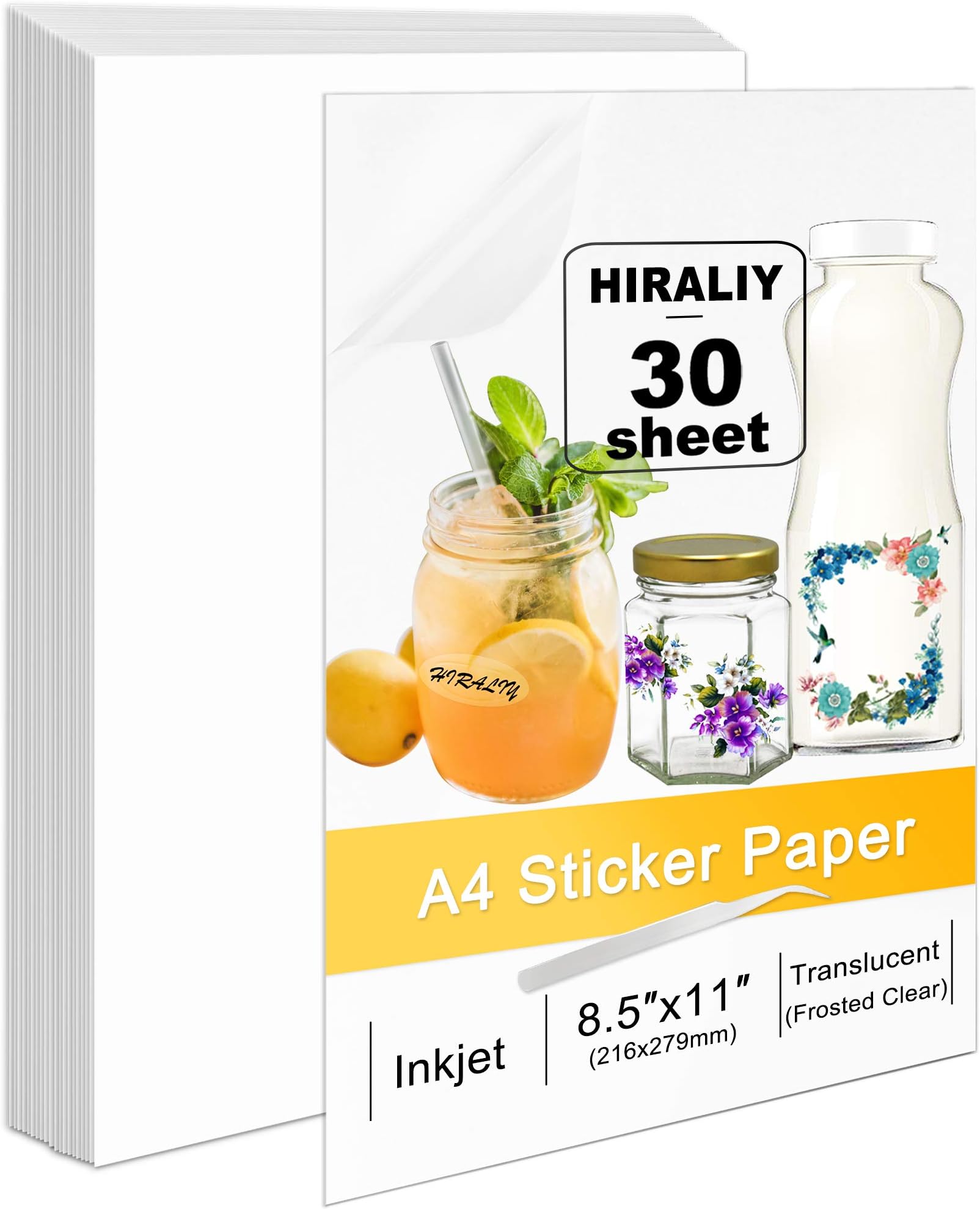 Sticker Paper for Inkjet Printer, HIRALIY 30 Sheets Printable Vinyl Glossy White Translucent Sticker Label Custom Label Sheets - Dries Quickly and Holds Ink Beautifully (8.25" x 11.6")