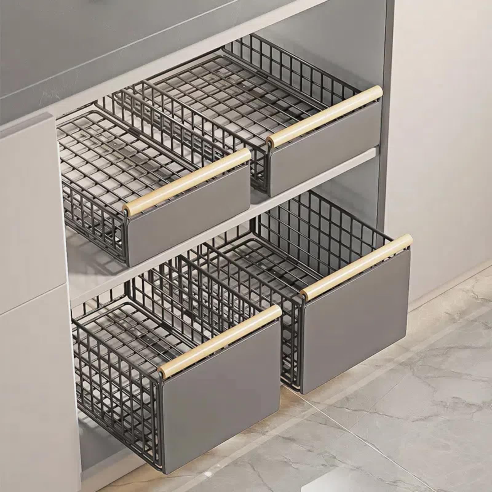 Cassetto Estraibile Telescopico per Mobile da Cucina – Organizer Senza Foratura con Manico in Legno Guide Scorrevoli e Nastro Adesivo – 39,5×23,5×19,5 cm per Detergenti Padelle Spezie