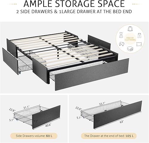 Miniatura 10 de SHA CERLIN Base de cama moderna de plataforma Queen con 3 cajones de almacenamiento, diseño de panel lateral de ala, tapizado de piel sintética,