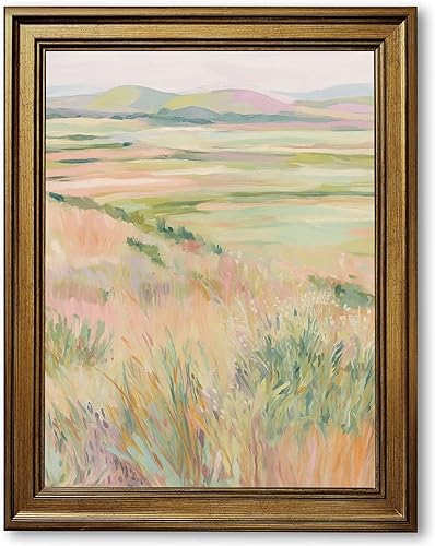 Framed Pastel Meadow Landscape Poster Canvas Print Art, Modern Wall Art Painting, Pictures, Minimalist Aesthetic Art Print, Elegant Wall Decor, Home