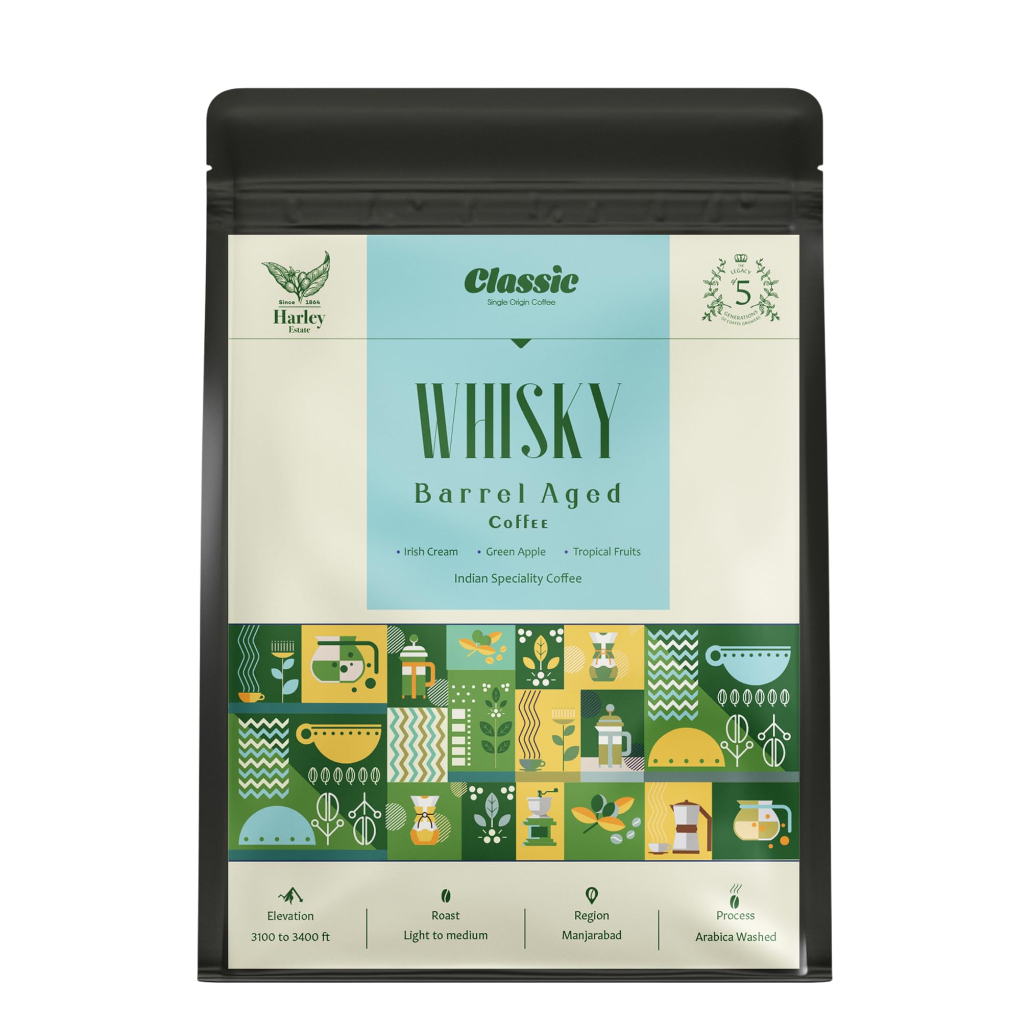 Classic Coffee Whisky Barrel Aged Ground Coffee | 100% Arabica Beans | Strong Intense Bold Flavor | Light to Medium Roast Custom Grinds | Best for Black Coffee (100g, Cold Brew)