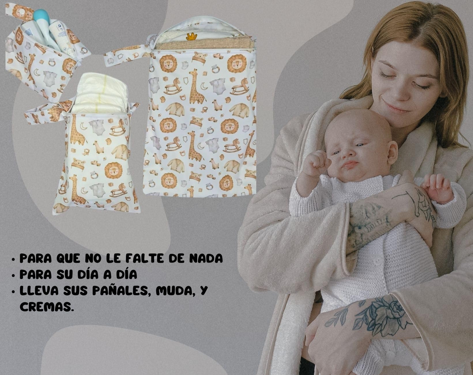 Bolsa Impermeable para Bebe de 3 Piezas, para Ropa Seca, húmeda y usada, Organizador de pañales, toallitas y cremas, para guarderia, Neceser para Viaje, Son Reutilizables. (Jirafa)