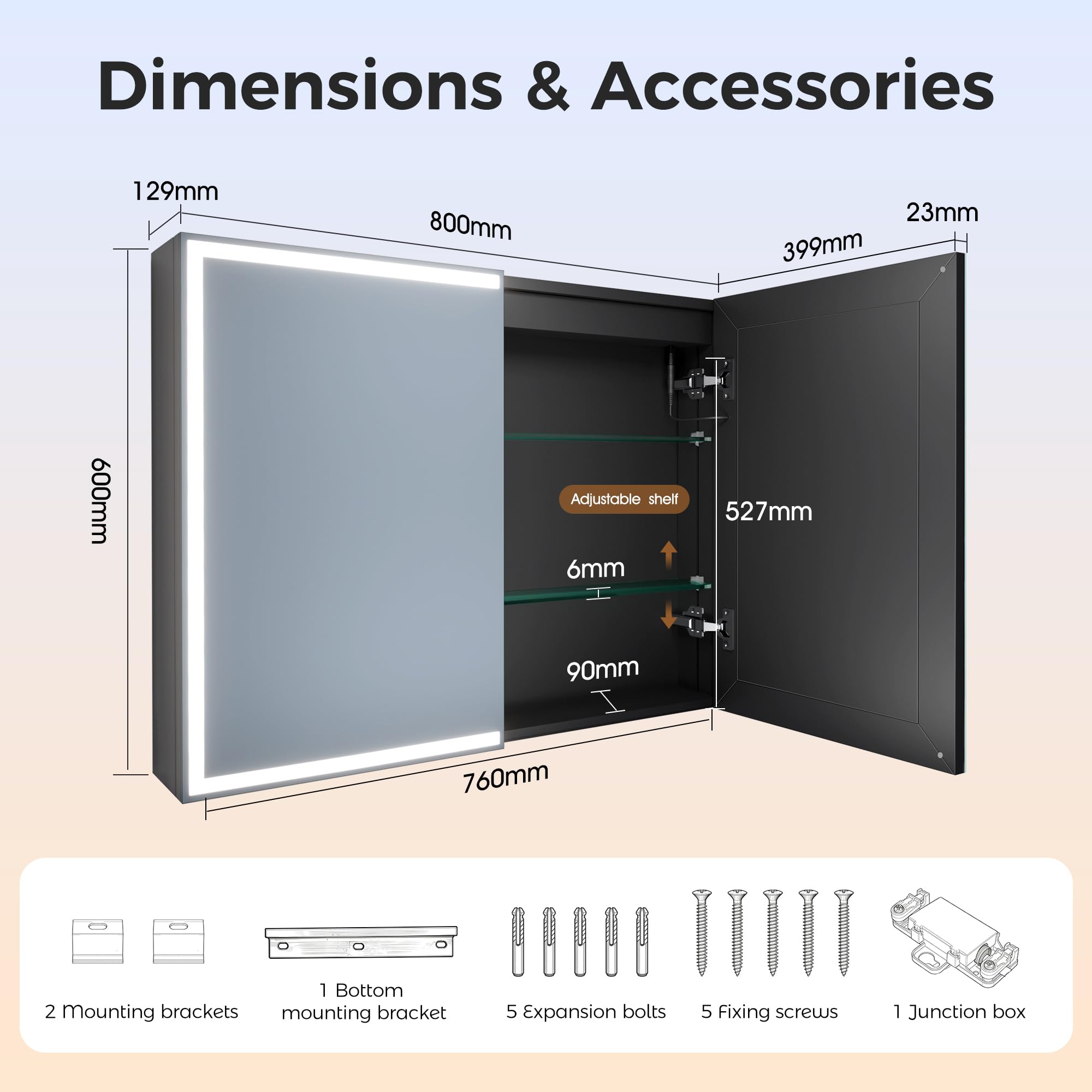 STARLEAD Armadietto a specchio da bagno con illuminazione a LED, 80 x 60 cm, in alluminio nero opaco, con presa, funzione anti-appannamento, dimmerabile, 3 colori chiari, IP44 e Soft-Close