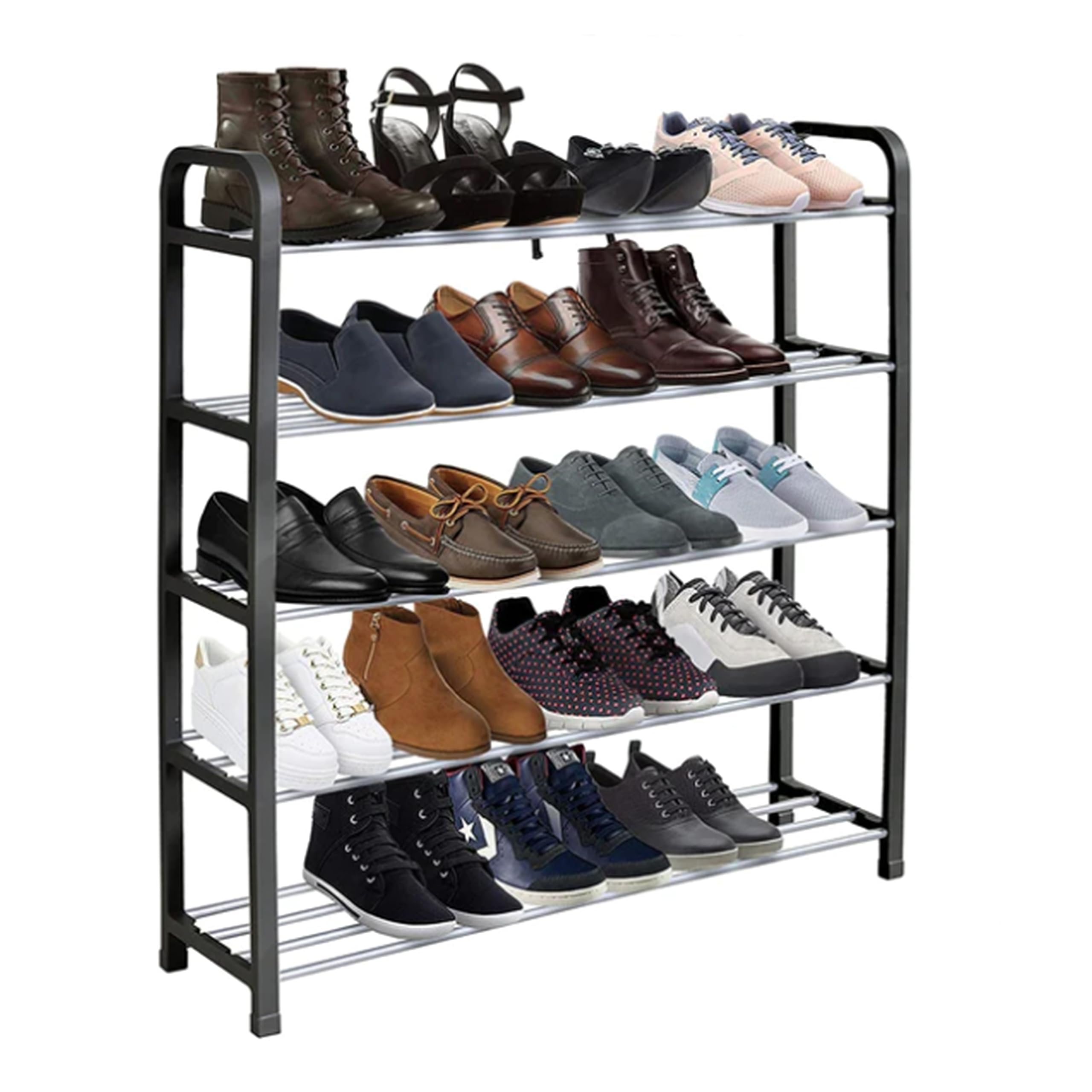 AMOS 5-Tier Shoe Rack Storage Organiser Durable & Stackable Shoe Shelf for Hallway, Bedroom & Closet Space Saving Metal & Plastic Shoe Stand – Holds Up to 20 Pairs – Easy No-Tool Assembly (Black)