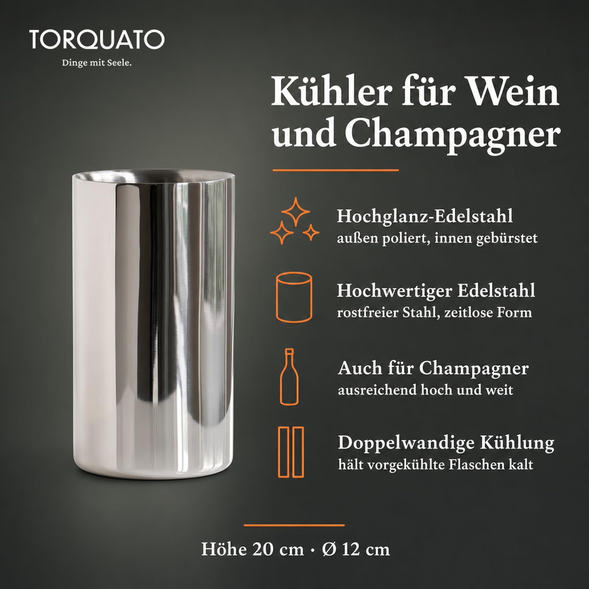 Torquato Flaschenkühler Brearley, doppelwandig, Edelstahl, 20 cm | Weinkühler und Champagnerkühler, hochglanzpoliert außen, gebürstet innen, für Sekt und Champagner
