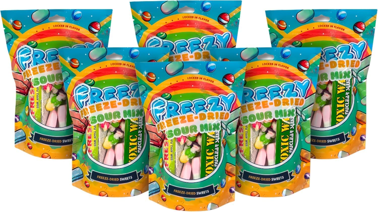 Freezy Freeze Dried Candy Bundle, Sour Mix (Pack of 6) 720 gms, American Sweet contains Skittles, Squishes, Toxic Waste Sludge & Refreshers Bars Mixed in a Pack that offers Sour Goodness