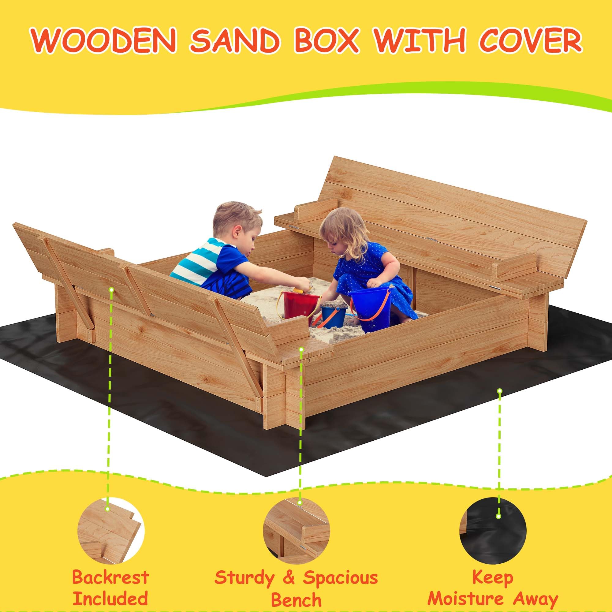 Kids Wooden Sandbox with Lid – Outdoor Sand Playset for Toddlers (Ages 1-3) – Children Sand Boxes for Beach Patio – 2 Foldable Bench Seats, Bottom Liner, and Adjustable UV-Resistant Roof