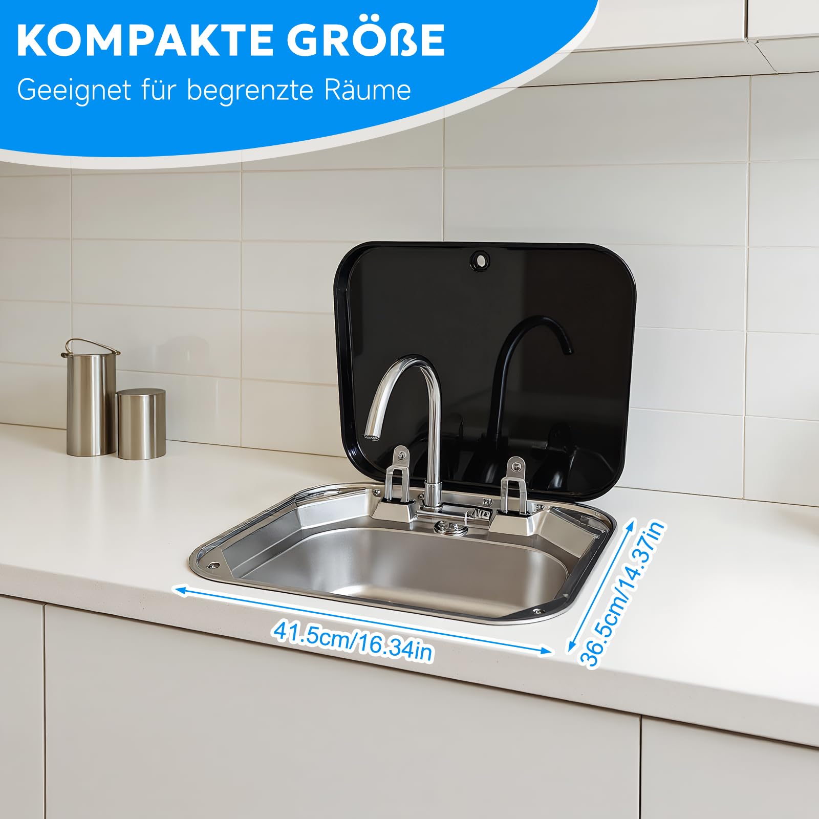 Wohnwagen Waschbecken Set,Camping Auto KüChenspüLe Set, Faltbare Quadratische Handwaschbecken Edelstahl Mit Warm- und Kaltwasserhahn,Deckel FüR Wohnwagen Wohnmobil