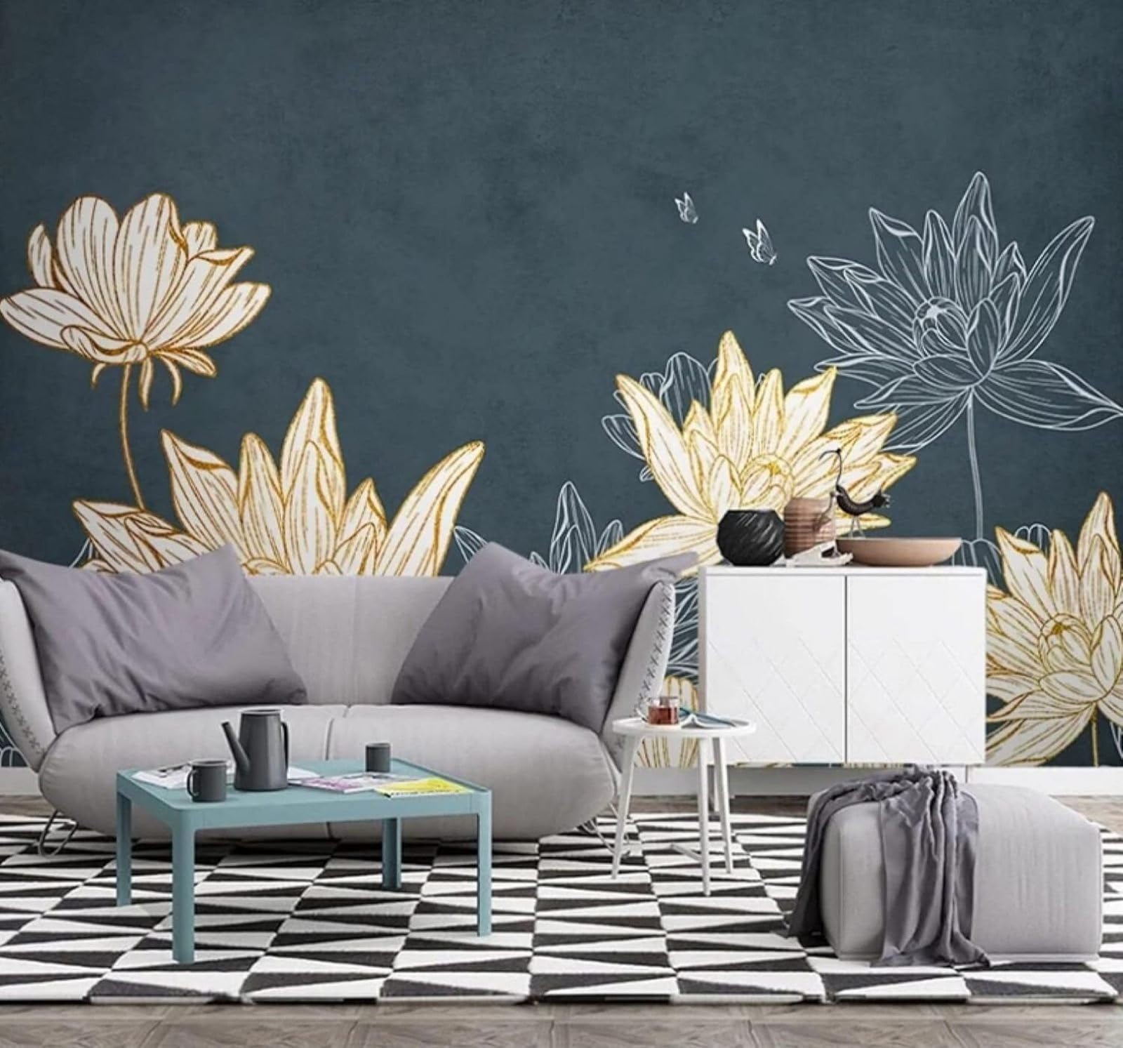Xlming 400Cm×280Cm(B×H) Retro Gold Lines Lotus Butterfly 3D Wallpaper Luxury Silk Study Dining Feature Sofa Grey Bedroom Living Room Tv Decorative Wall-400Cm×280Cm