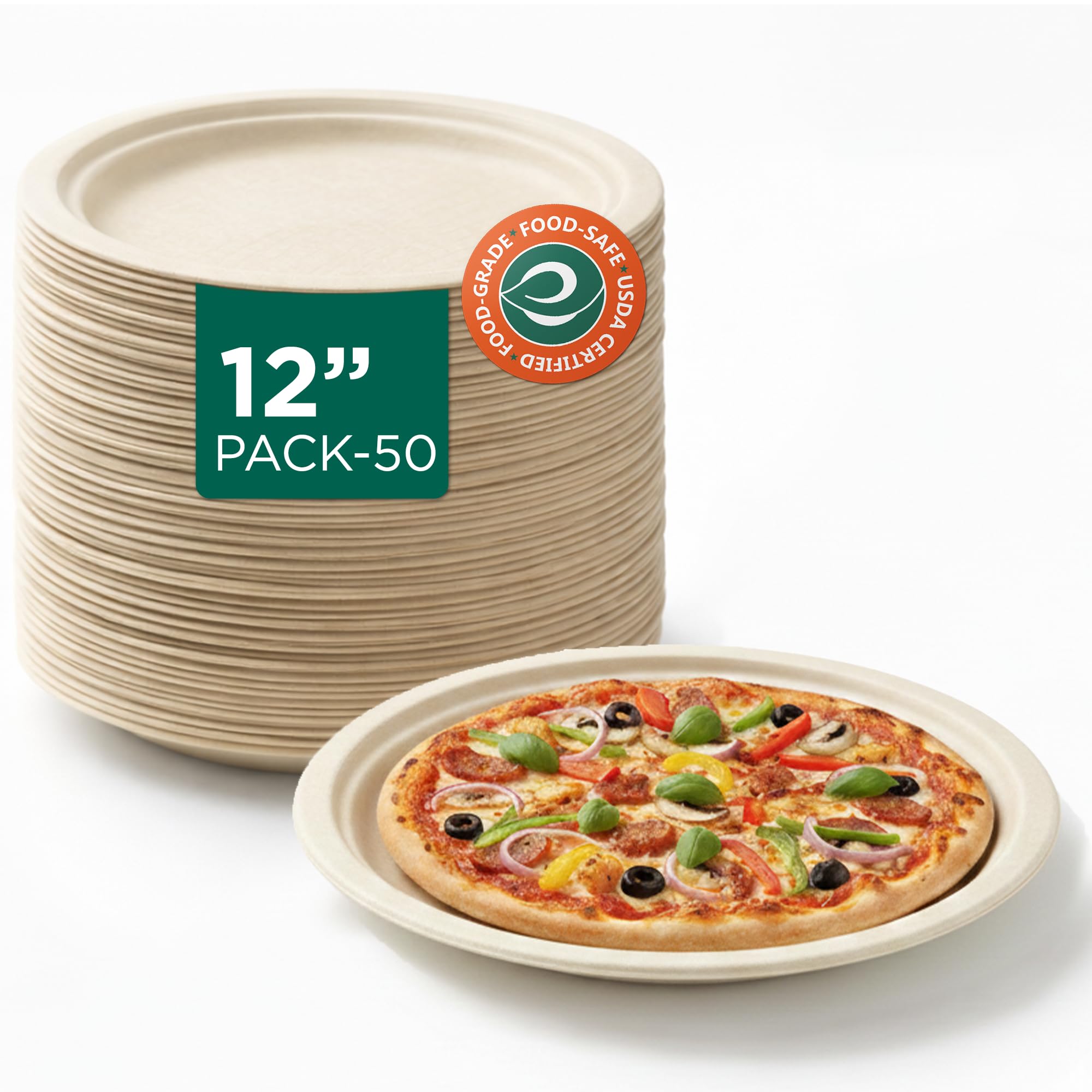ECO SOUL | Disposable Bagasse Plates | 12 inch - Pack of 50 | Eco-Friendly Disposable Plates Big Size for Lunch & Dinner | Plastic-Free, Tree-Free, Microwave Safe, Leak-Resistant