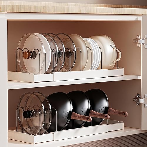 Miniatura 6 de Organizador de ollas y sartenes para debajo del gabinete, soporte expandible para tapa de olla con 10 divisores ajustables, estante para ollas para