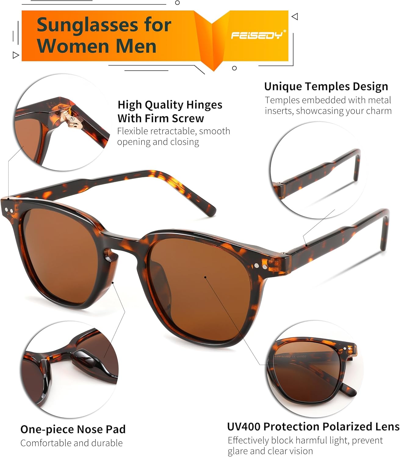 FEISEDY Retro Trendy Sunglasses Women Men 70s Vintage Square Sun Glasses B2835 + B0002