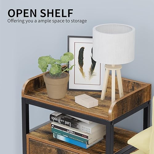 Miniatura 12 de Juego de 2 mesitas de noche, mesa auxiliar de 3 niveles con cajón y estante de almacenamiento, mesita de noche industrial con patas ajustables,