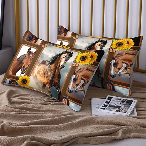 Miniatura 7 de HOSIMA Sábana bajera ajustable y fundas de almohada, diseño de caballo galope con temática de animales y girasol, ropa de cama de tela decorativa