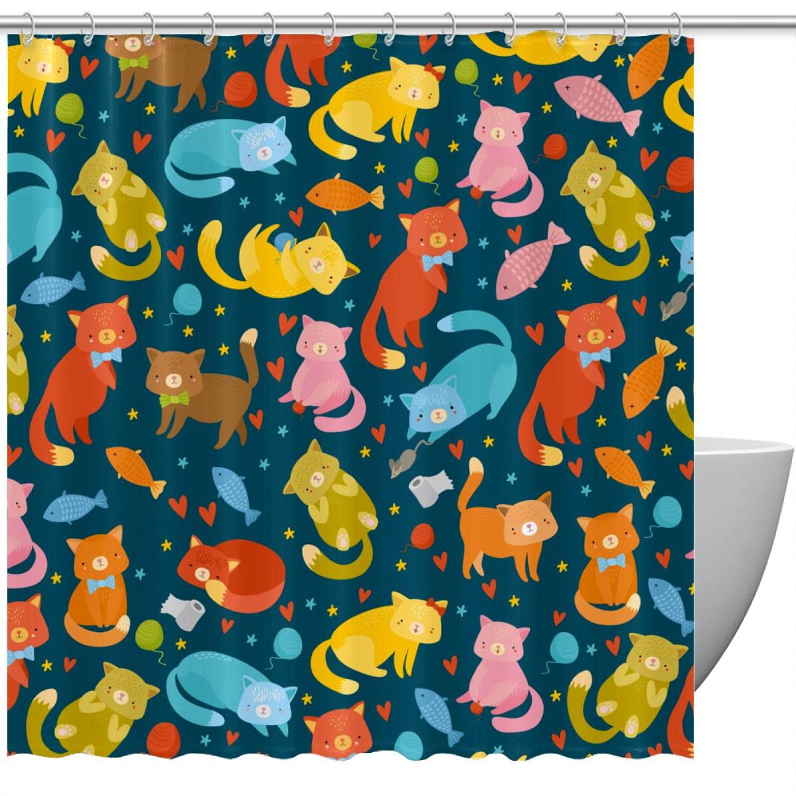 Rideau de douche imperméable chat poisson 168x183cm accessoire salle de bain