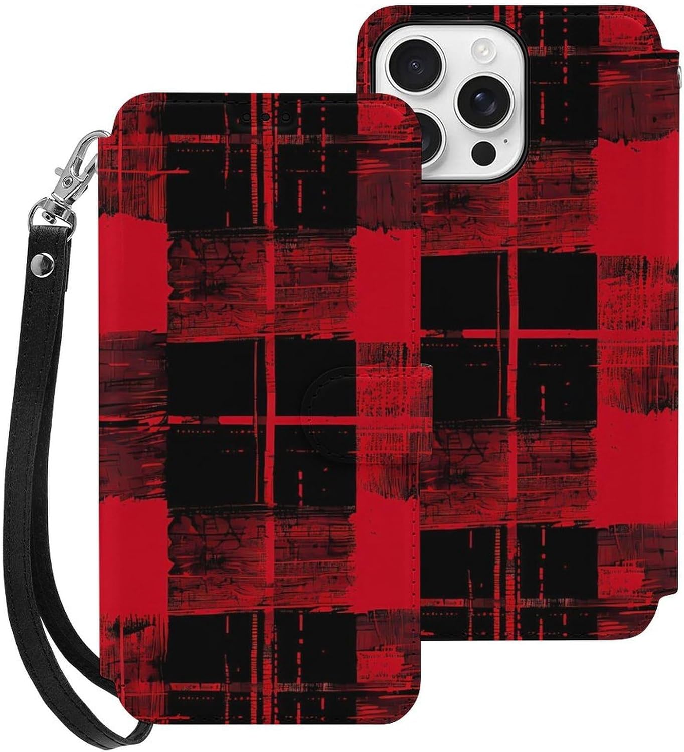 Vintage Red Plaid Black Graffiti Compatible with iPhone 16/16 Plus/16 Pro/16 Pro Max/16 E Case Phone Wallet Card Holder Flip Cover with Wrist Strap