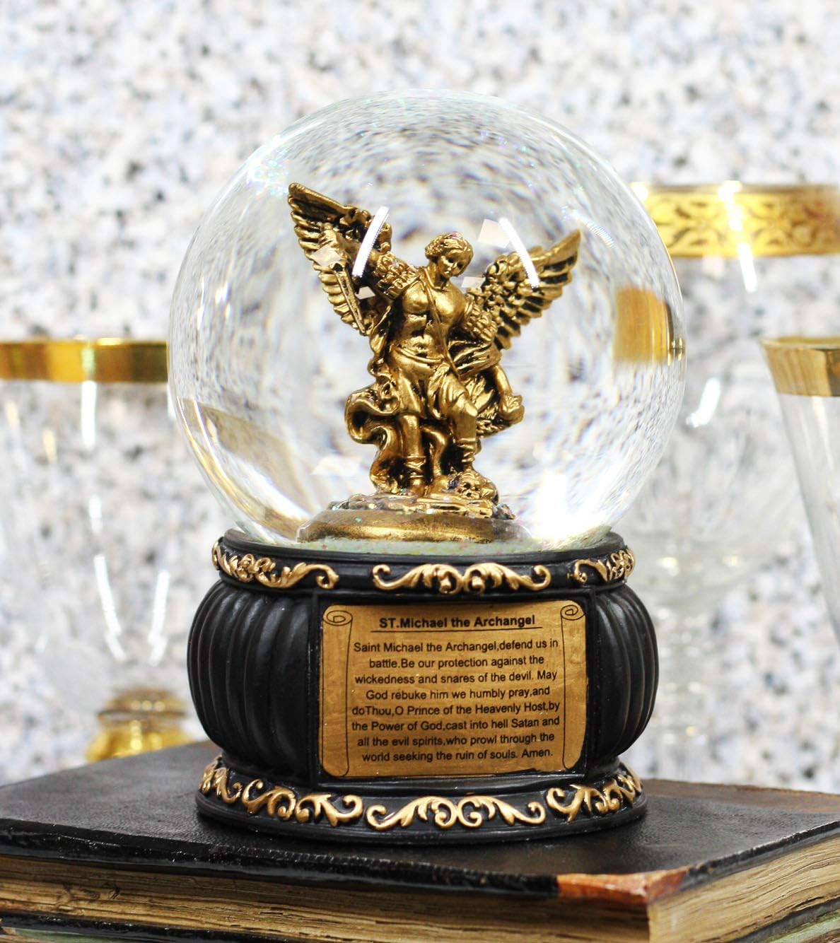 Ebros Guardian Holy Archangel Saint Michael Trampling Satan Glitter Water Globe with Prayer Plaque Gold Scroll Art Base 5.25" Tall Guido Reni Inspired Catholic Church Snow Globes Decor Figurine