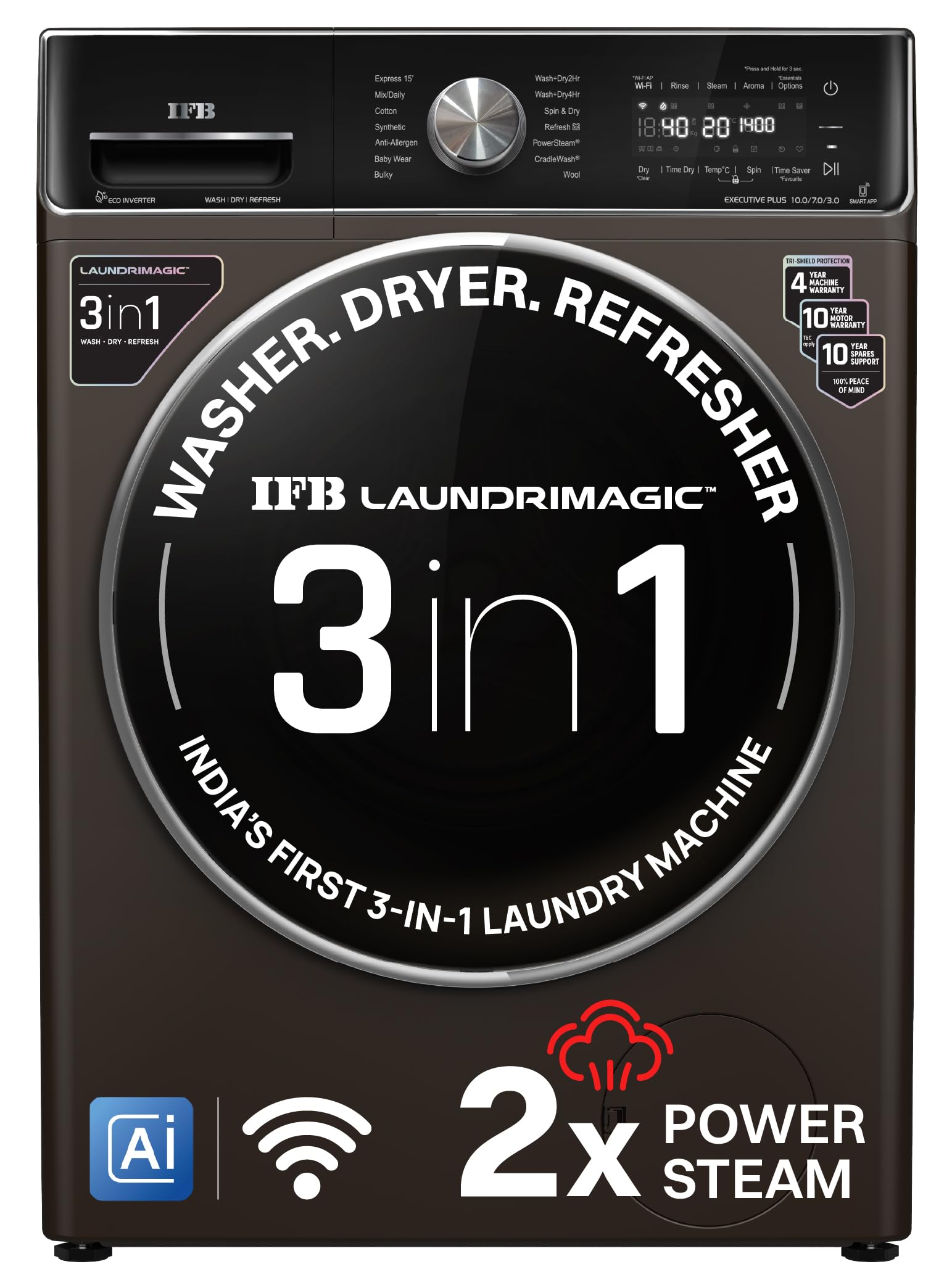 ifb 10 kg/7 kg/3 kg 3-in-1, ai powered, fully automatic washer dryer refresher (ifb laundrimagic®, executive plus zxm, 9 swirl wash, eco inverter technology, mocha)