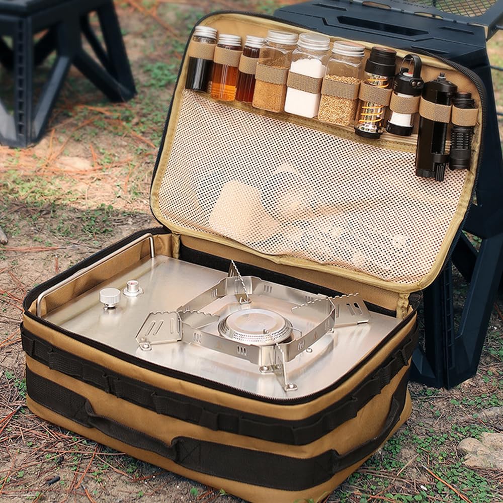 Fyearfly Bolsa de almacenamiento de utensilios de cocina al aire libre de gran capacidad, organizador portátil de picnic para barbacoa, paño Oxford multifuncional para condimentos de camping