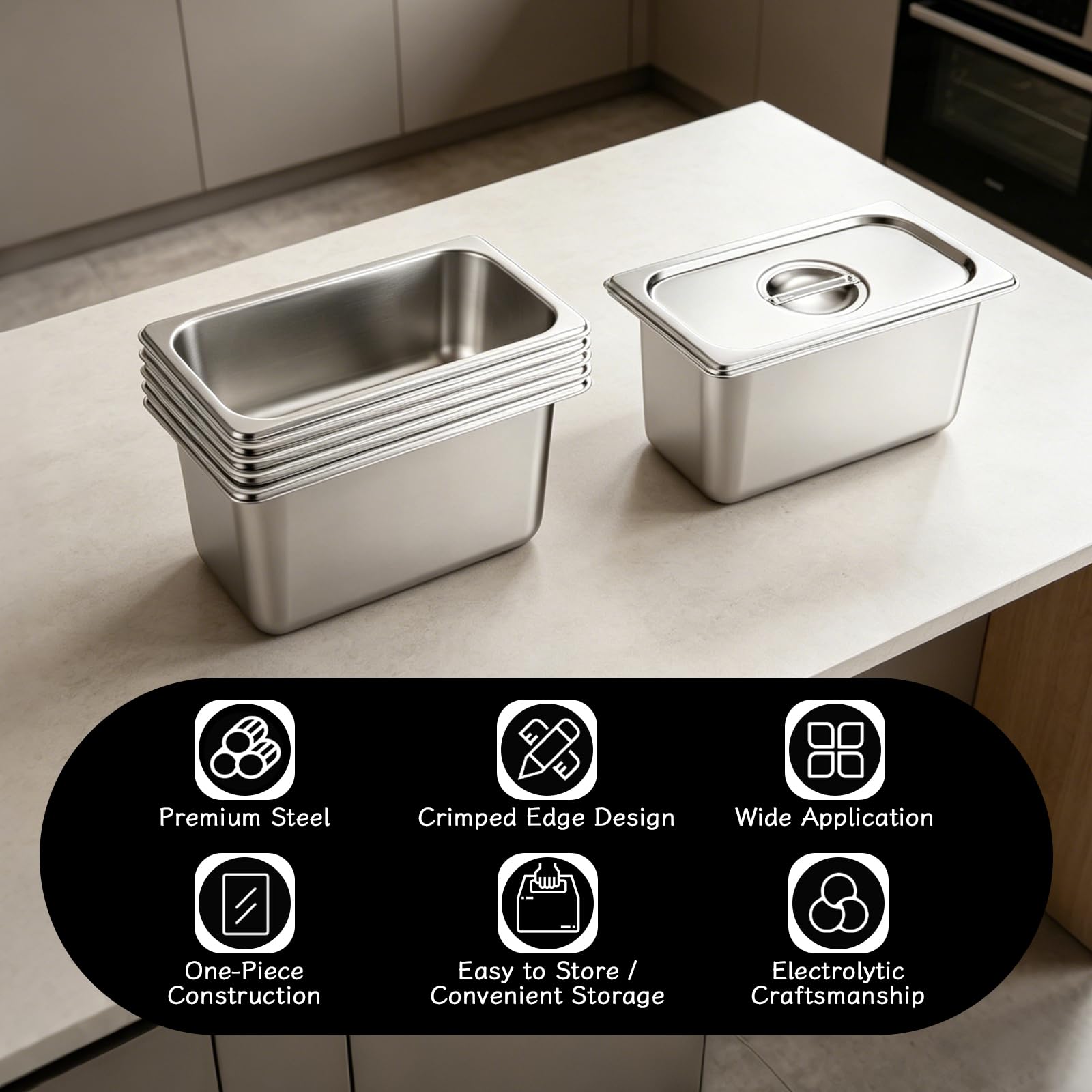 Set da 6 Contenitori GN 1/3 in Acciaio Inox con Coperchio | Vaschette Gastronorm Impilabili 33x18x15cm, Contenitori Professionali in Acciaio Inossidabile per Cucina, Buffet e Catering