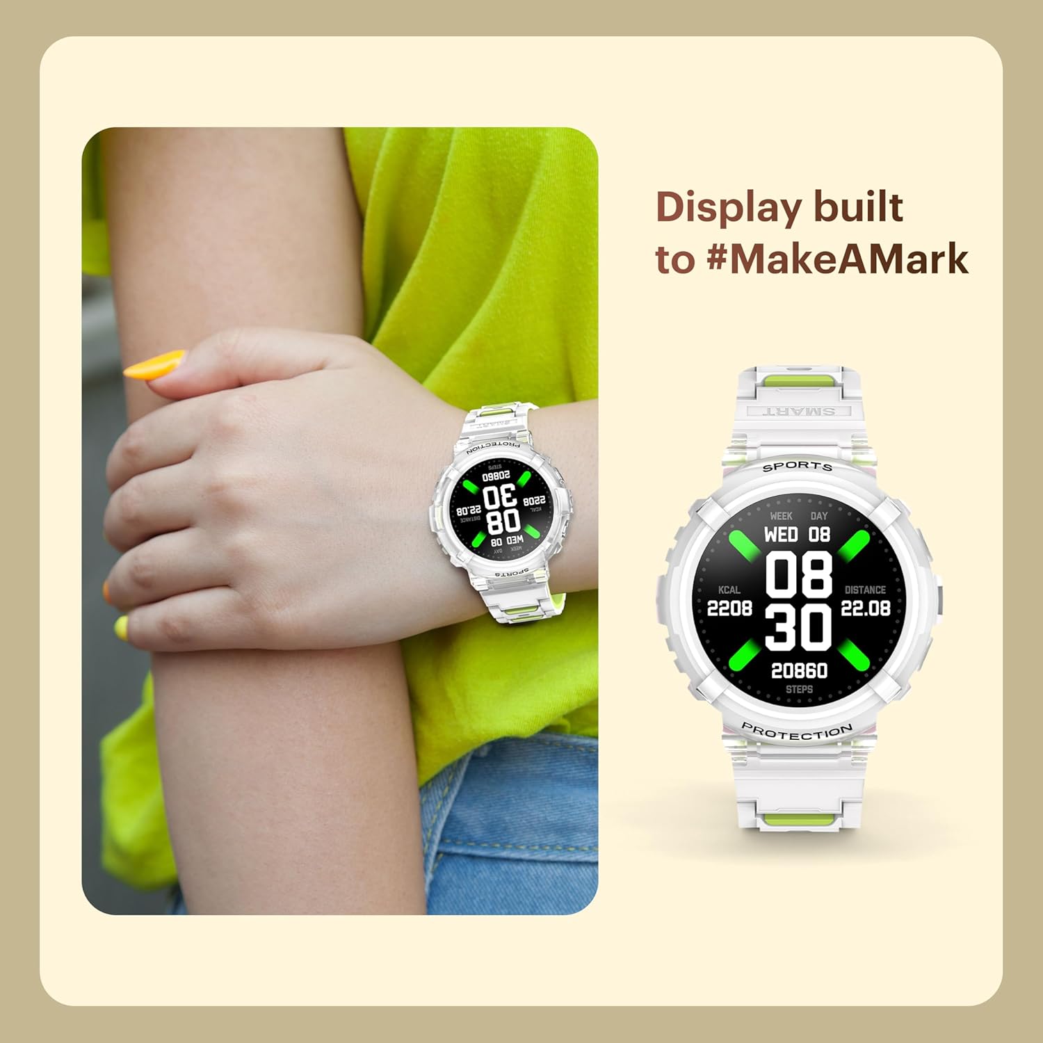 White Urban Zippy Smart Watch displaying steps count and daily activity metrics.
