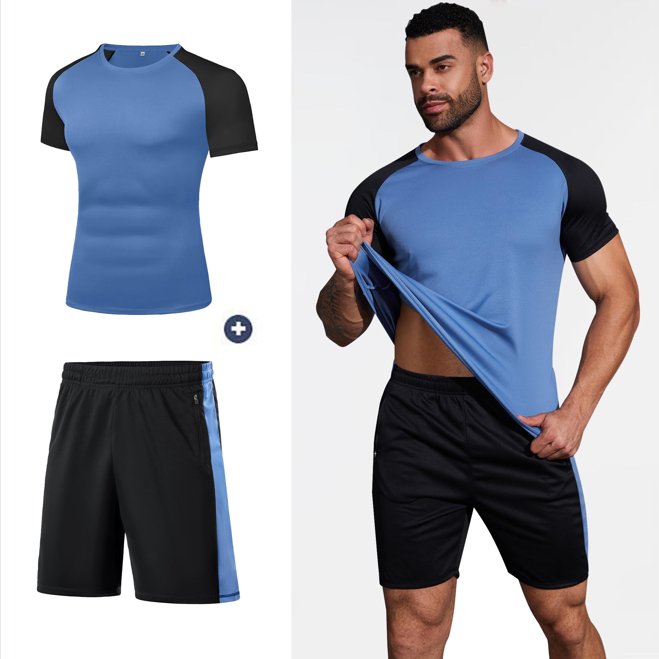 Wayleb Tuta Uomo Completa Set Tute Estiva T-shirt Collo Arrotondato e Pantaloncini, Set Sportivo Palestra da Abbigliamento Uomo Traspirante Tasche e Coulisse S-XXL