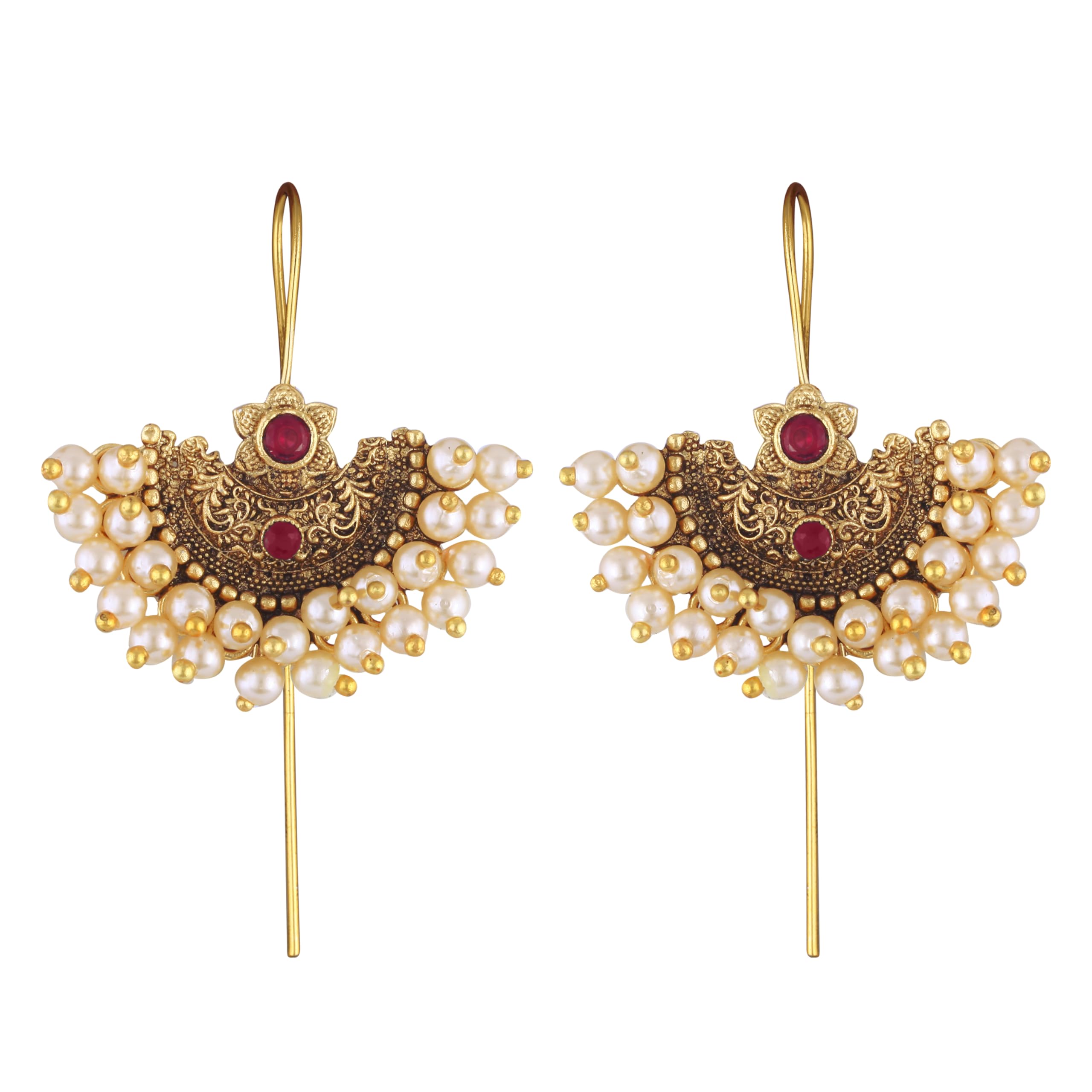 Vivastri"s Premium & Unique White Pearl Beaded Alloy Made Gold Plated Peackock Styled Red CZ Stone Centered Ear Cuff For Women & Girls -VIVA2649ERG-RED-image-14