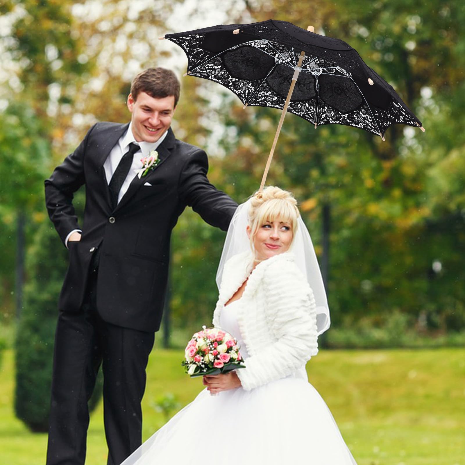 Paraguas Decorativo de Encaje para en Eventos y Fotografía, Sombrilla Grande Color Negro para Bodas y Celebraciones