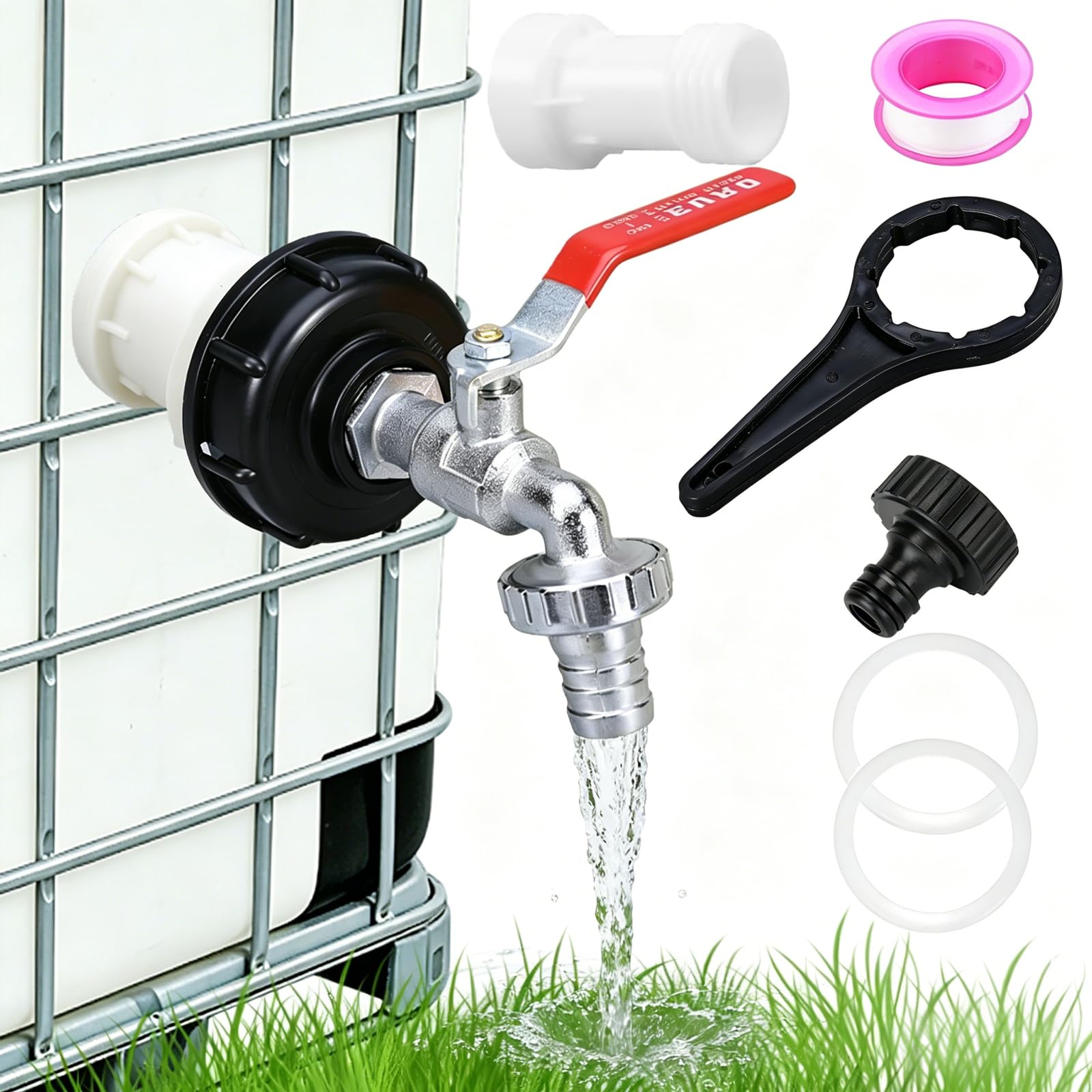 IBC Container Accessori, IBC Rubinetto di Scarico Set, mit Chiavi Tappo del Tamburo, Raccordo Cisterna 1000 Litri, Adattatore Rubinetto Pollici in Lega 1/2, per Cisternetta Serbatoio Acqua Piovana
