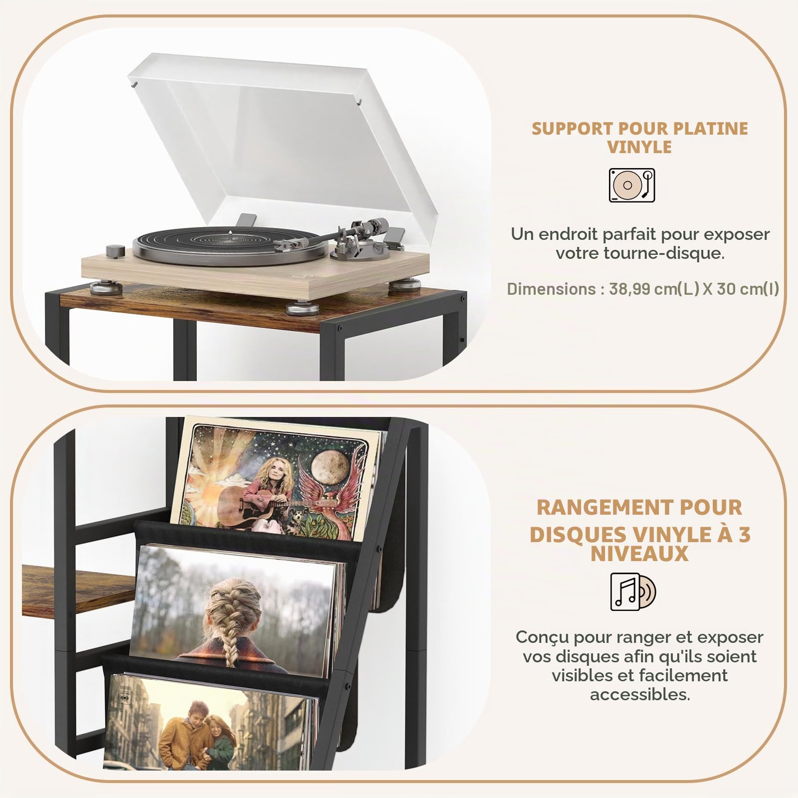 Bikoney Rangement Disques Vinyles, Support Guitare pour Guitare Acoustique, Électrique, Basse avec Support d'ampli, Tourne-disques à 3 Niveaux Pouvant Contenir Jusqu'à 200 Albums