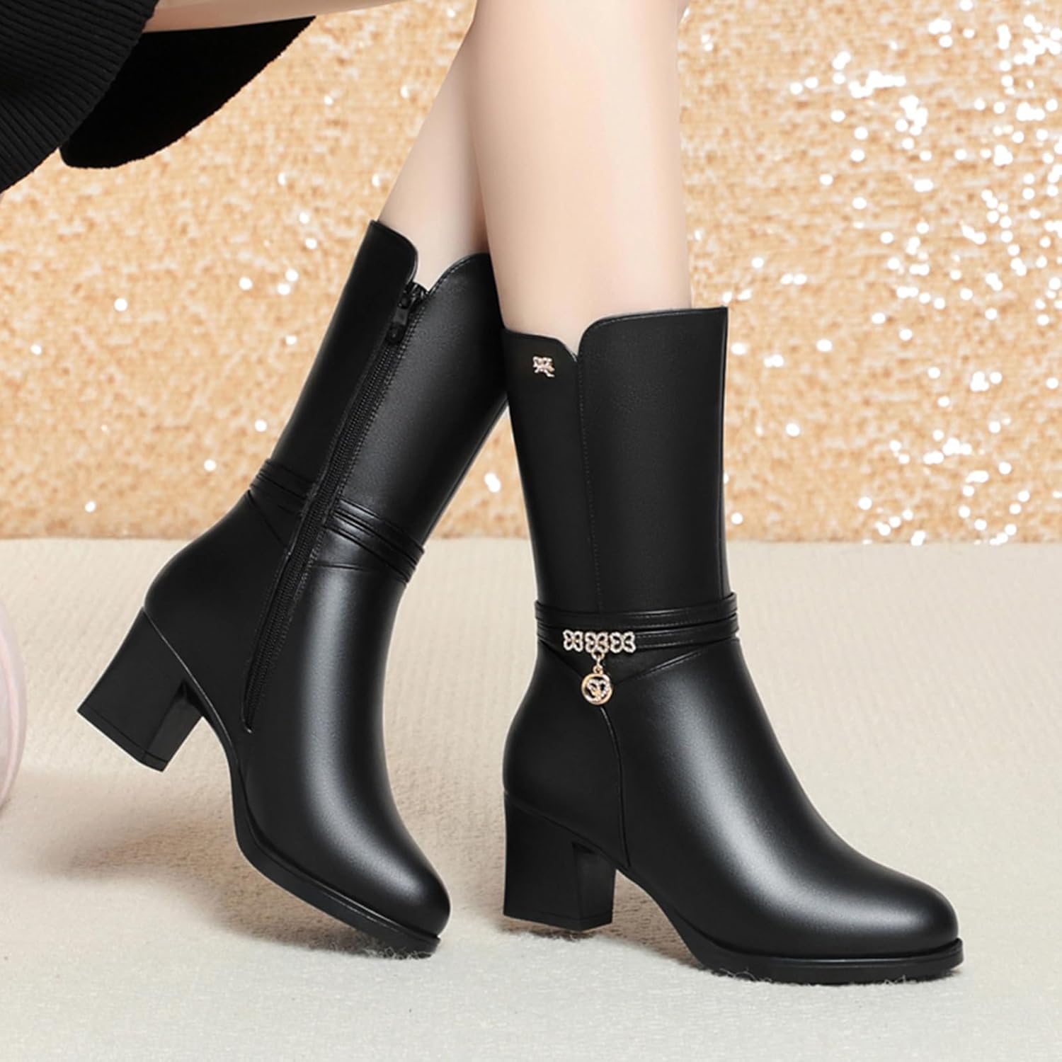Women's Warm Mid-Calf Leather Boots Comfortable Chunky Heel Side Zipper Fur Lining Winter Boots with Decorative Rhinestones & Pendant - Image 3