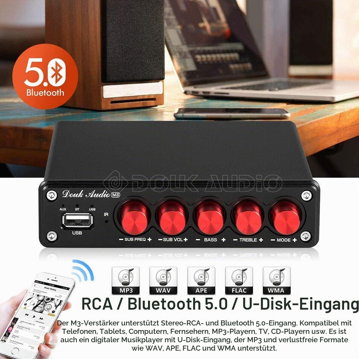 Douk Audio M3 Bluetooth 5.0 Verstärker Stereo Audio Receiver 2.1 Channel Mini Hi-Fi Amplifier Class D with 50 Watt x 2 + 100 Watt for Home Outdoor Passive Speaker/Subwoofer & Active Subwoofer