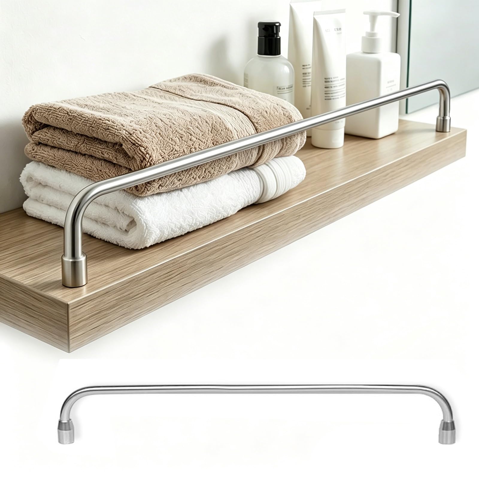 Bathroom Shelving Guardrails，Metal Gallery Rails for Shelves/Floating Shelf, Decorative Shelf Guard Fall Prevention Bar for Closet/Magazine Rack/Bookshelf(Silver- 1 Pc,Long 20in/51cm)