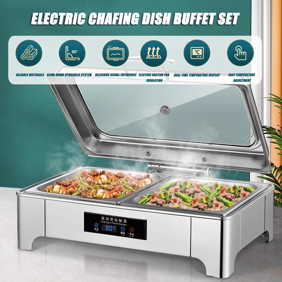 Servidor de buffet eléctrico y calentador de alimentos, temperatura ajustable, pantalla táctil, tapa de vidrio, acero inoxidable fácil de limpiar para fiestas y vacaciones, plato portátil para