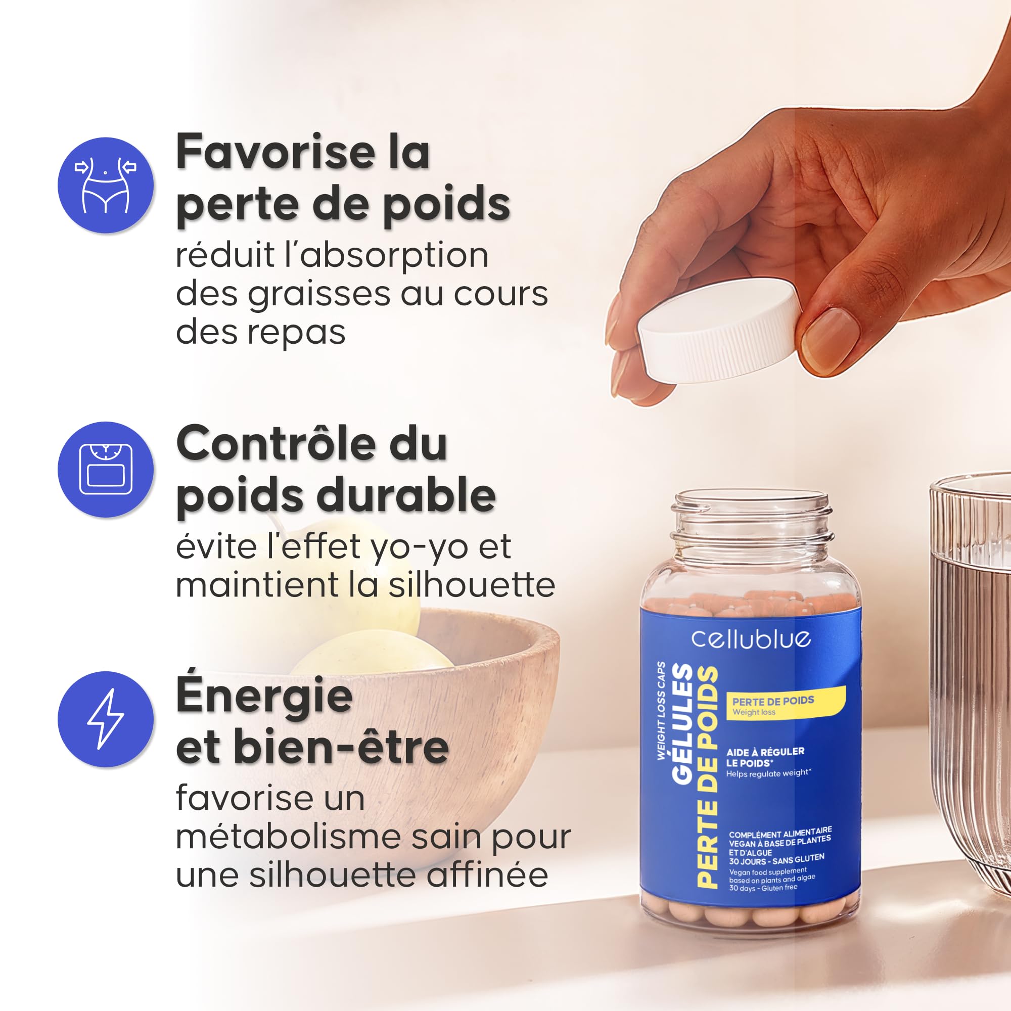 Gélules Perte de poids Cellublue - Minceur Femme - Perte de Poids Efficace, Brûleur de Graisses Ventre Plat, Réduit l’Appétit - Contrôle du poids durable - 60 Capsules Vegan - Naturel (Lot de 2)