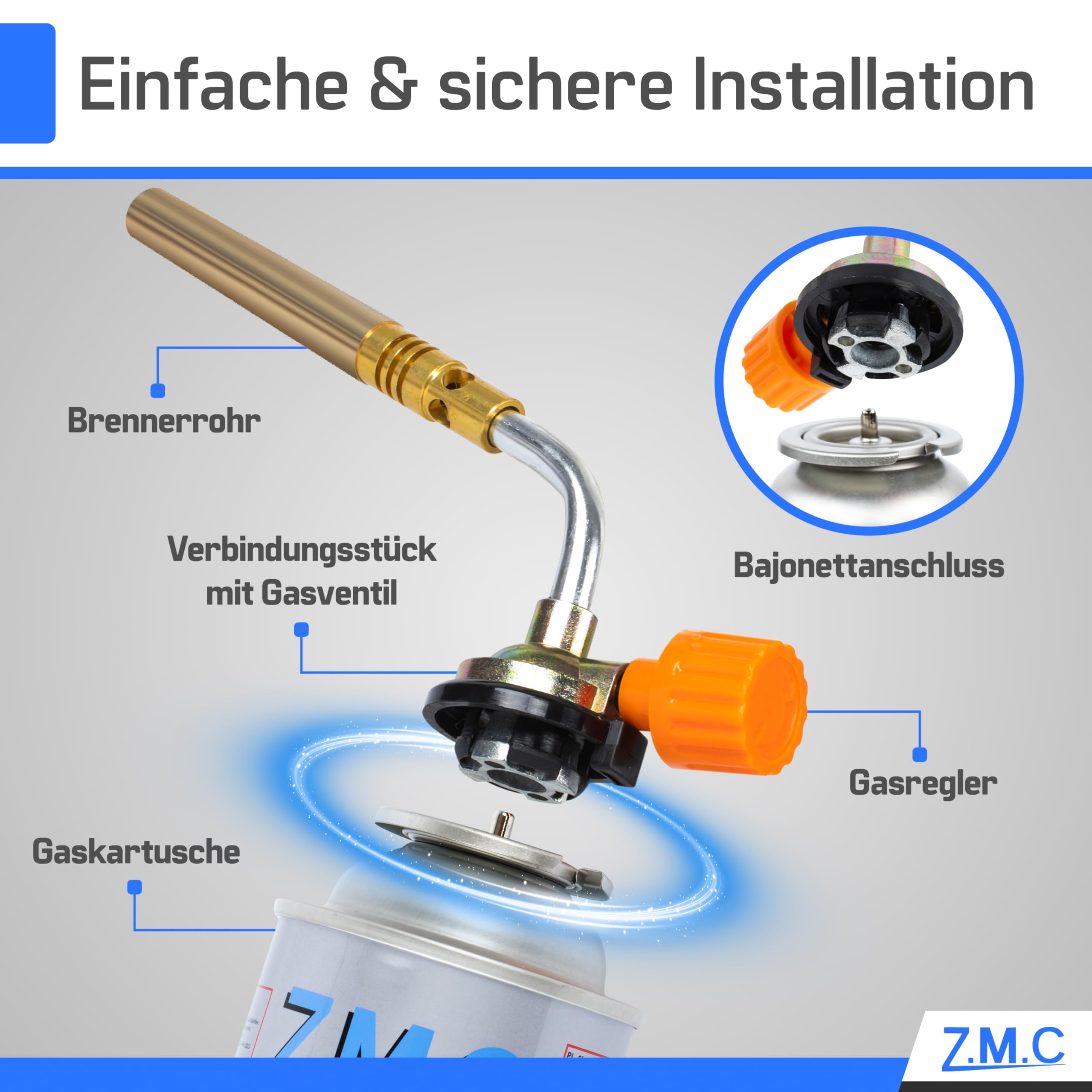 Z.M.C BUSTINAFLAME Gasbrenner 1,65 kW, cannello ossidrico fino a 1371 °C, cannello per saldatura becco Bunsen con fiamma regolabile, dispositivo antifiamma lampada saldatrice ideale per officina