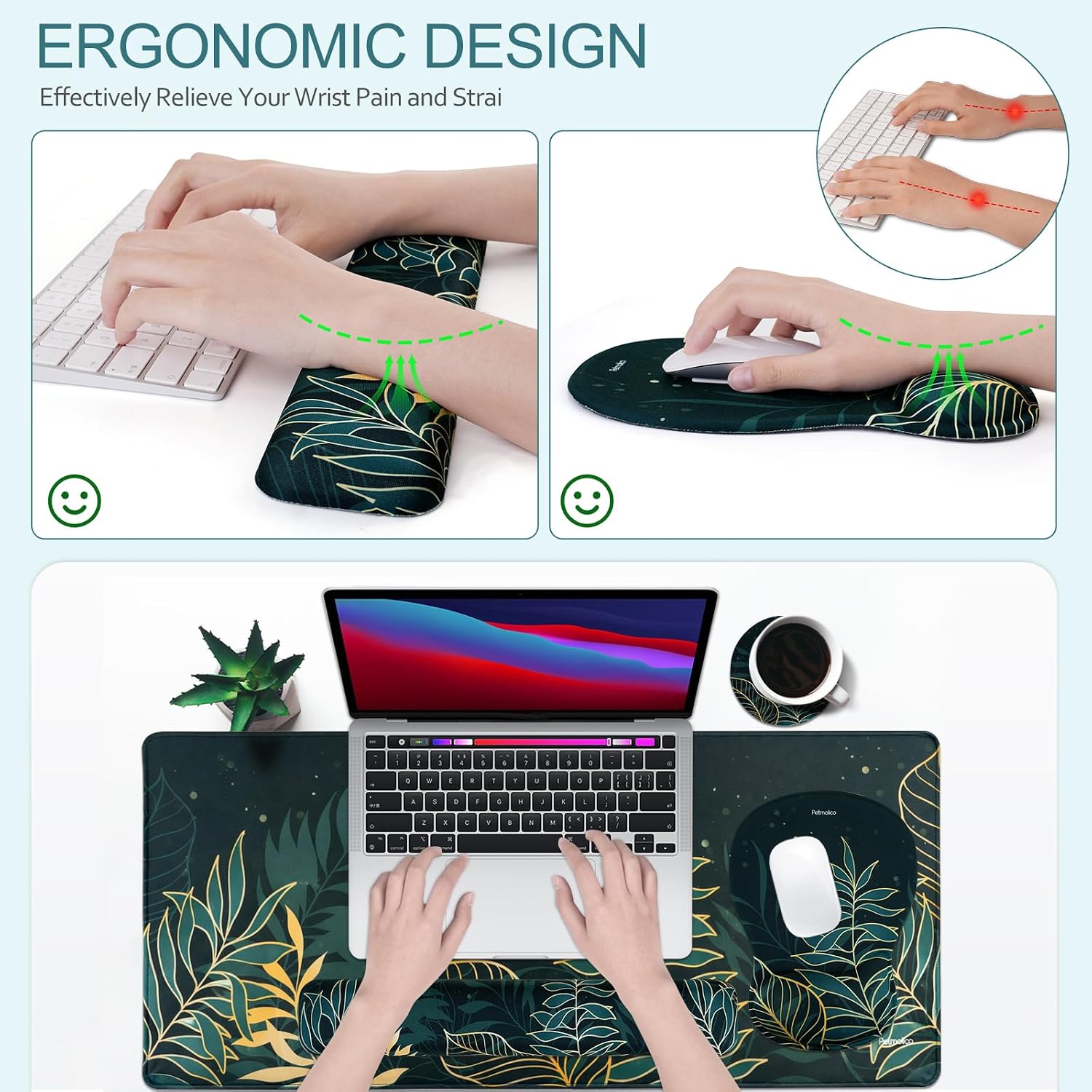 Petmolico Keyboard Wrist Rest Large 4-in-1 Gaming Mouse Pad Wrist Support for Computer Desk Mat Ergonomic Design[Dark Green&Oleander]